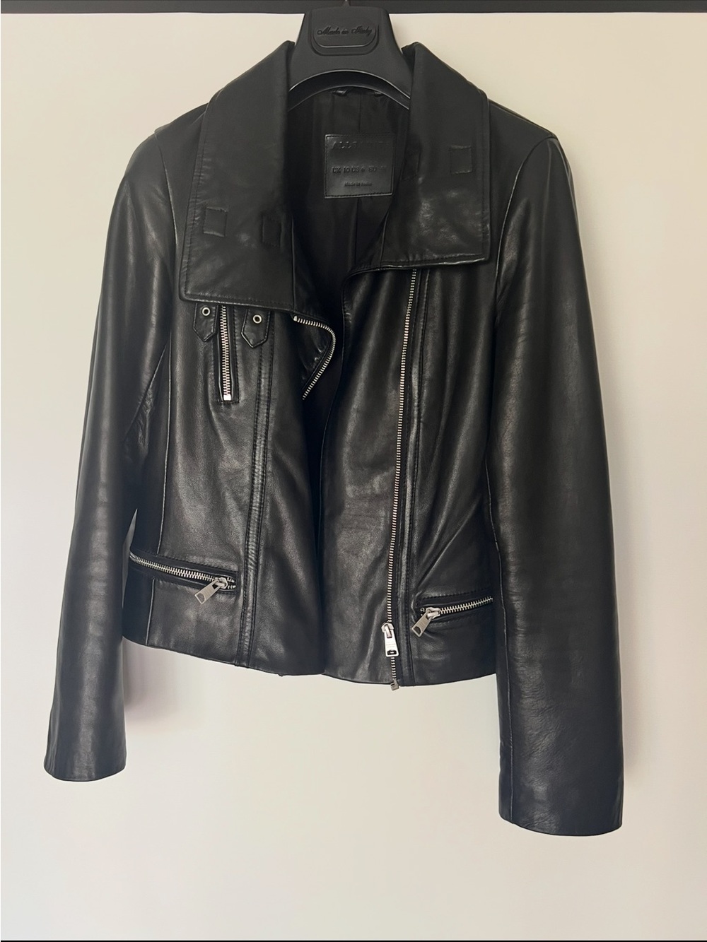 AllSaints Black Leather Moto Jacket with Silver Hardware